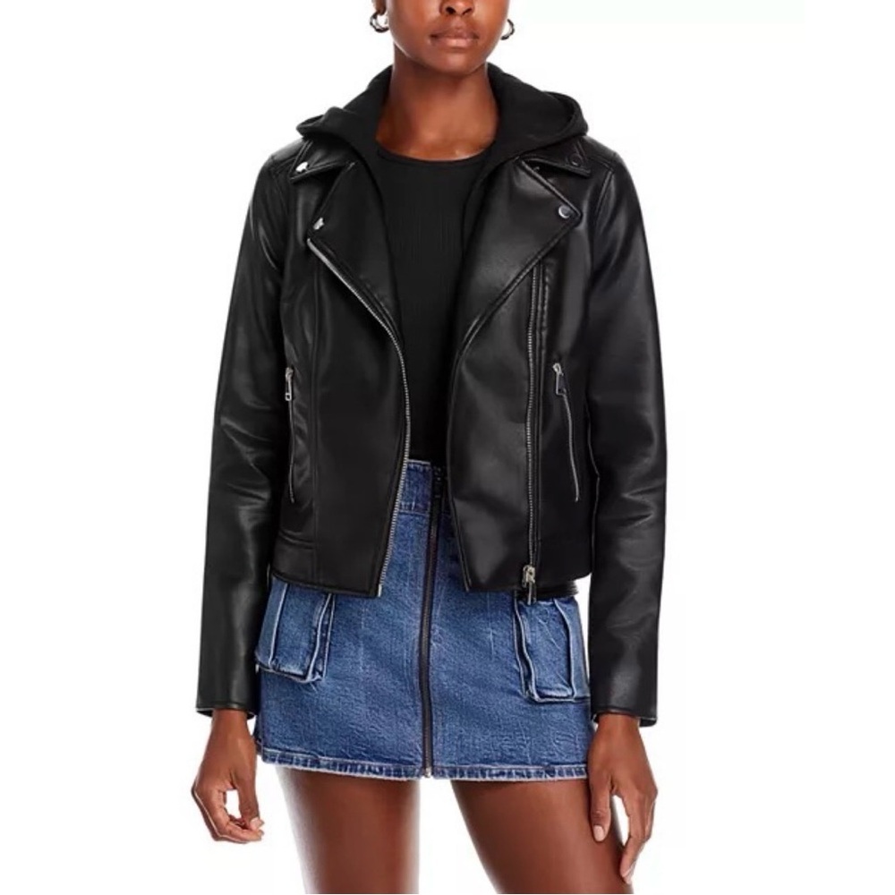 NWOT Aqua Hooded Black Faux Leather Moto Jacket Bloomingdale’s Exclusive